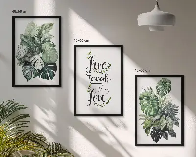 Wanddecoratieset schilderijen met bladerrijke planten en de tekst leven, lachen, houden van