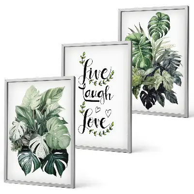 Wanddecoratieset schilderijen met bladerrijke planten en de tekst leven, lachen, houden van