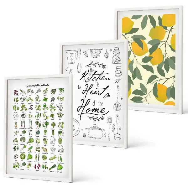 Wanddecoratieset met schilderijen met afbeelding van geschilderde citroen en keukenkruiden