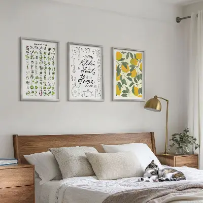 Wanddecoratieset met schilderijen met afbeelding van geschilderde citroen en keukenkruiden