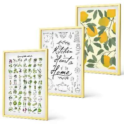 Wanddecoratieset met schilderijen met afbeelding van geschilderde citroen en keukenkruiden