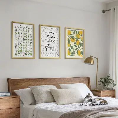 Wanddecoratieset met schilderijen met afbeelding van geschilderde citroen en keukenkruiden