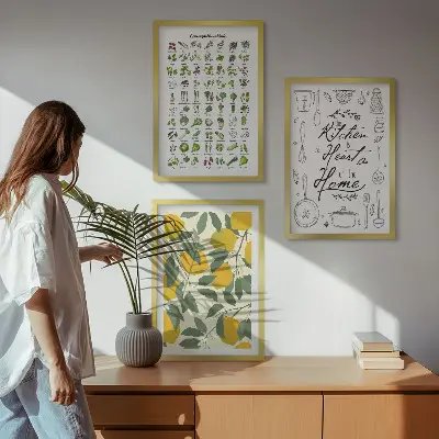 Wanddecoratieset met schilderijen met afbeelding van geschilderde citroen en keukenkruiden