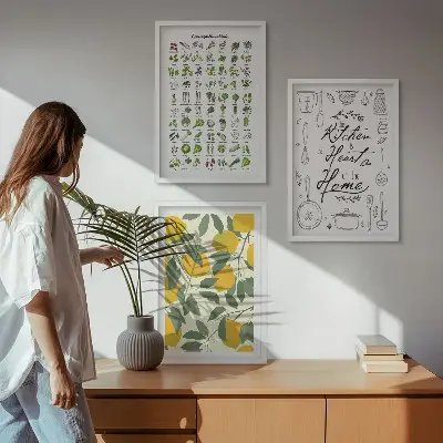 Wanddecoratieset met schilderijen met afbeelding van geschilderde citroen en keukenkruiden