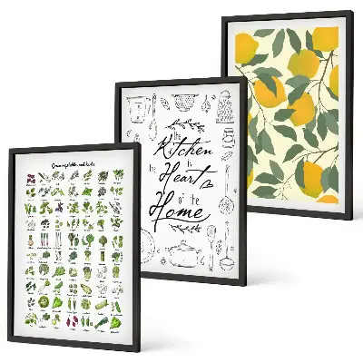 Wanddecoratieset met schilderijen met afbeelding van geschilderde citroen en keukenkruiden