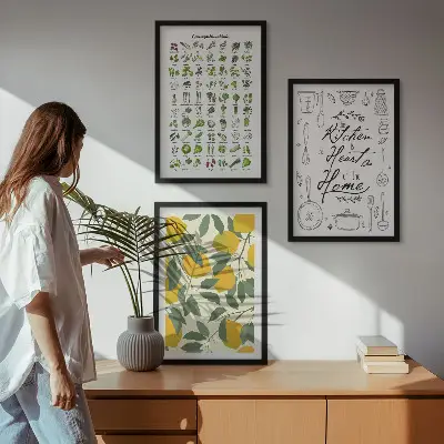 Wanddecoratieset met schilderijen met afbeelding van geschilderde citroen en keukenkruiden