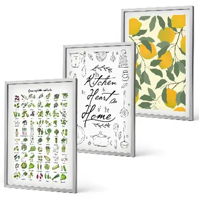 Wanddecoratieset met schilderijen met afbeelding van geschilderde citroen en keukenkruiden