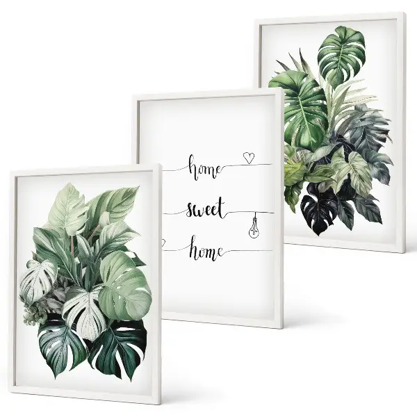 Wanddecoratie set schilderijen met aquarel monstera-bladeren