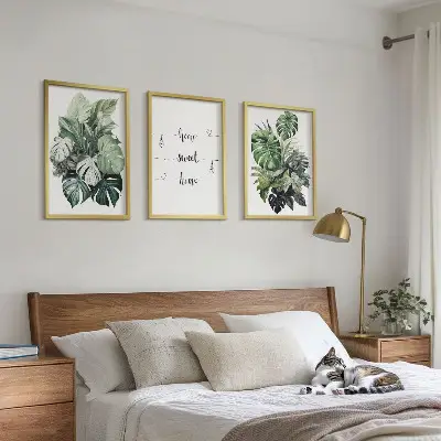 Wanddecoratie set schilderijen met aquarel monstera-bladeren