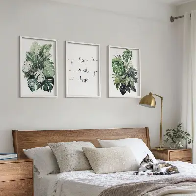 Wanddecoratie set schilderijen met aquarel monstera-bladeren