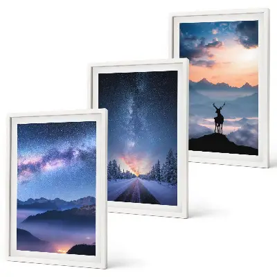 Wanddecoratie set schilderijen Nachtelijke hemel, bergen, mist, herten