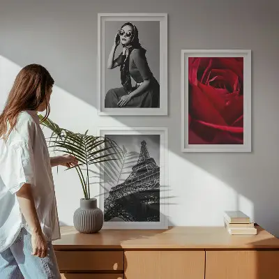 Wanddecoratie set schilderijen Parijse dame met Eiffel-bril