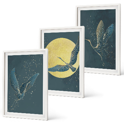 Wanddecoratie set schilderijen Kraanvogels in vlucht 's nachts