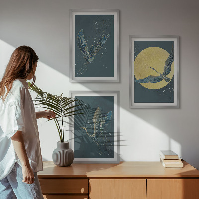 Wanddecoratie set schilderijen Kraanvogels in vlucht 's nachts