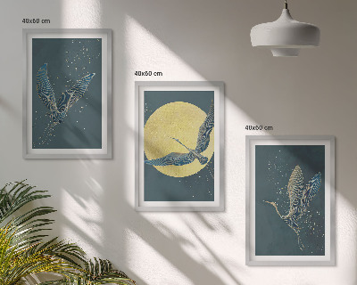 Wanddecoratie set schilderijen Kraanvogels in vlucht 's nachts