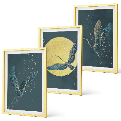 Wanddecoratie set schilderijen Kraanvogels in vlucht 's nachts