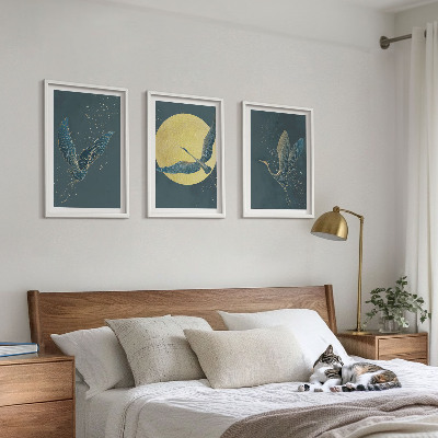 Wanddecoratie set schilderijen Kraanvogels in vlucht 's nachts