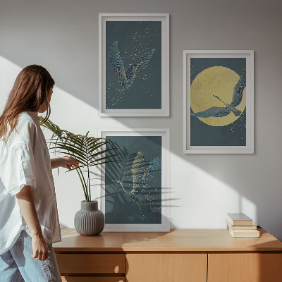 Wanddecoratie set schilderijen Kraanvogels in vlucht 's nachts