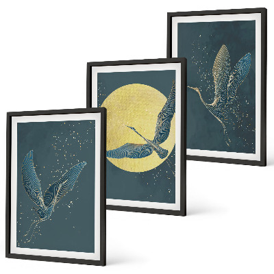 Wanddecoratie set schilderijen Kraanvogels in vlucht 's nachts