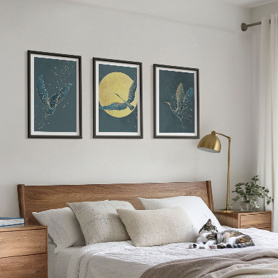 Wanddecoratie set schilderijen Kraanvogels in vlucht 's nachts