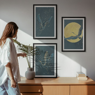 Wanddecoratie set schilderijen Kraanvogels in vlucht 's nachts