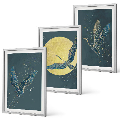 Wanddecoratie set schilderijen Kraanvogels in vlucht 's nachts