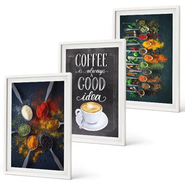 Wanddecoratieset schilderijen met afbeeldingen van specerijen koffie kruiden en patronen
