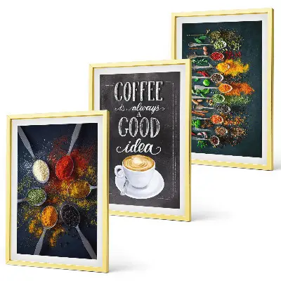 Wanddecoratieset schilderijen met afbeeldingen van specerijen koffie kruiden en patronen