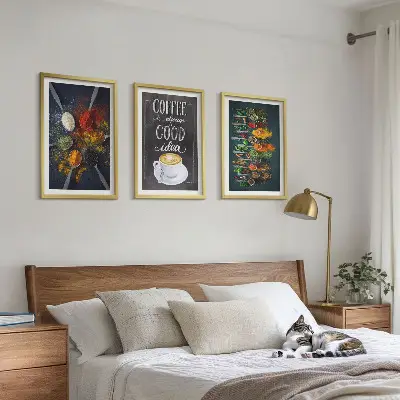 Wanddecoratieset schilderijen met afbeeldingen van specerijen koffie kruiden en patronen
