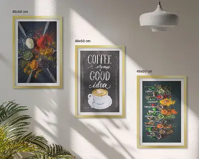 Wanddecoratieset schilderijen met afbeeldingen van specerijen koffie kruiden en patronen