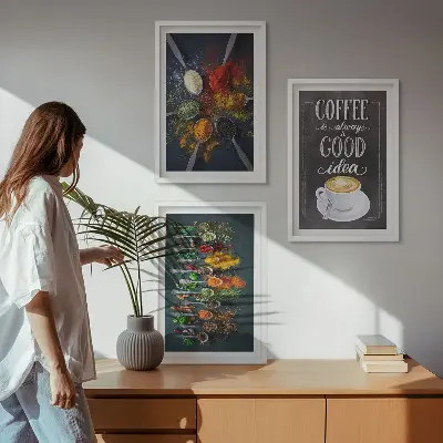 Wanddecoratieset schilderijen met afbeeldingen van specerijen koffie kruiden en patronen