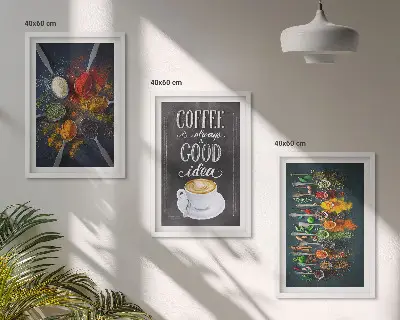 Wanddecoratieset schilderijen met afbeeldingen van specerijen koffie kruiden en patronen