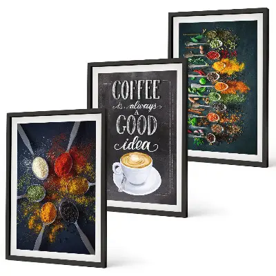 Wanddecoratieset schilderijen met afbeeldingen van specerijen koffie kruiden en patronen