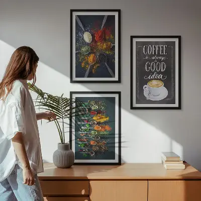 Wanddecoratieset schilderijen met afbeeldingen van specerijen koffie kruiden en patronen