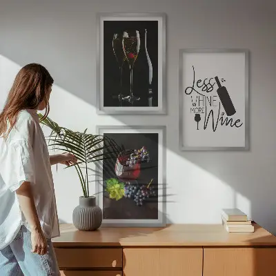Wanddecoratie set schilderijen met wijnglazen, druiven en opschrift