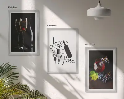 Wanddecoratie set schilderijen met wijnglazen, druiven en opschrift