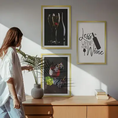 Wanddecoratie set schilderijen met wijnglazen, druiven en opschrift