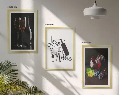 Wanddecoratie set schilderijen met wijnglazen, druiven en opschrift