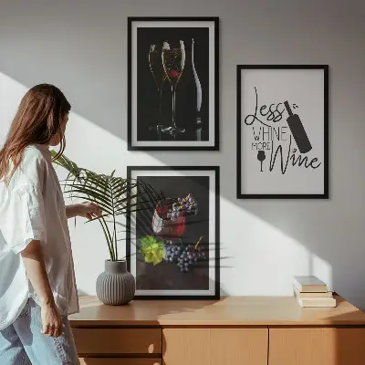Wanddecoratie set schilderijen met wijnglazen, druiven en opschrift