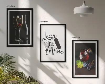 Wanddecoratie set schilderijen met wijnglazen, druiven en opschrift