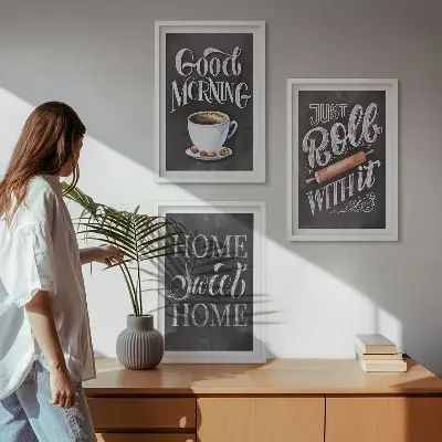 Fotowand met motieven en opschriften voor de keuken