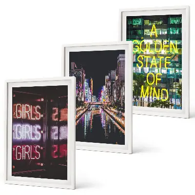 Wanddecoratie set schilderijen Neonreclames aan de rivier 's nachts