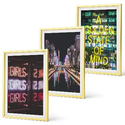 Wanddecoratie set schilderijen Neonreclames aan de rivier 's nachts