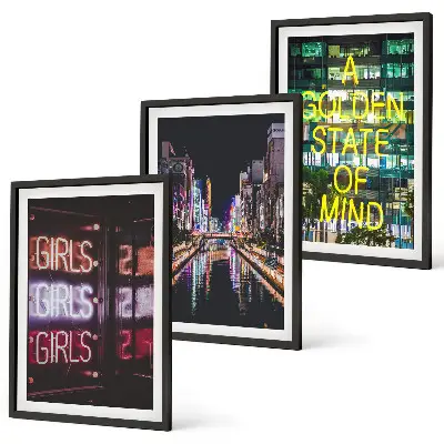 Wanddecoratie set schilderijen Neonreclames aan de rivier 's nachts