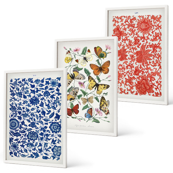Wanddecoratie set schilderijen Vintage bloemen en vlinders ornamenten