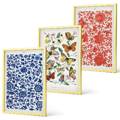 Wanddecoratie set schilderijen Vintage bloemen en vlinders ornamenten