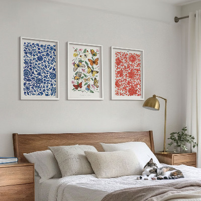 Wanddecoratie set schilderijen Vintage bloemen en vlinders ornamenten