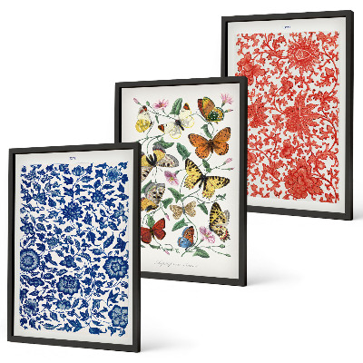 Wanddecoratie set schilderijen Vintage bloemen en vlinders ornamenten