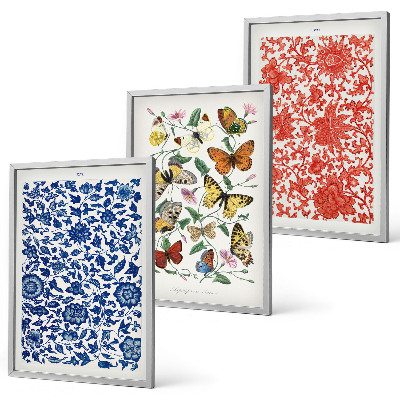 Wanddecoratie set schilderijen Vintage bloemen en vlinders ornamenten