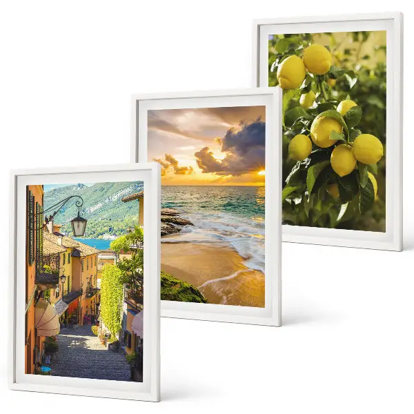 Wanddecoratie set schilderijen met afbeeldingen van straten, zee, strand en citrusbomen